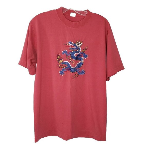 Y2K Chinese Dragon T Shirt Sz M Red Blue Embroidered Distressed Trashed Holes - Picture 1 of 9